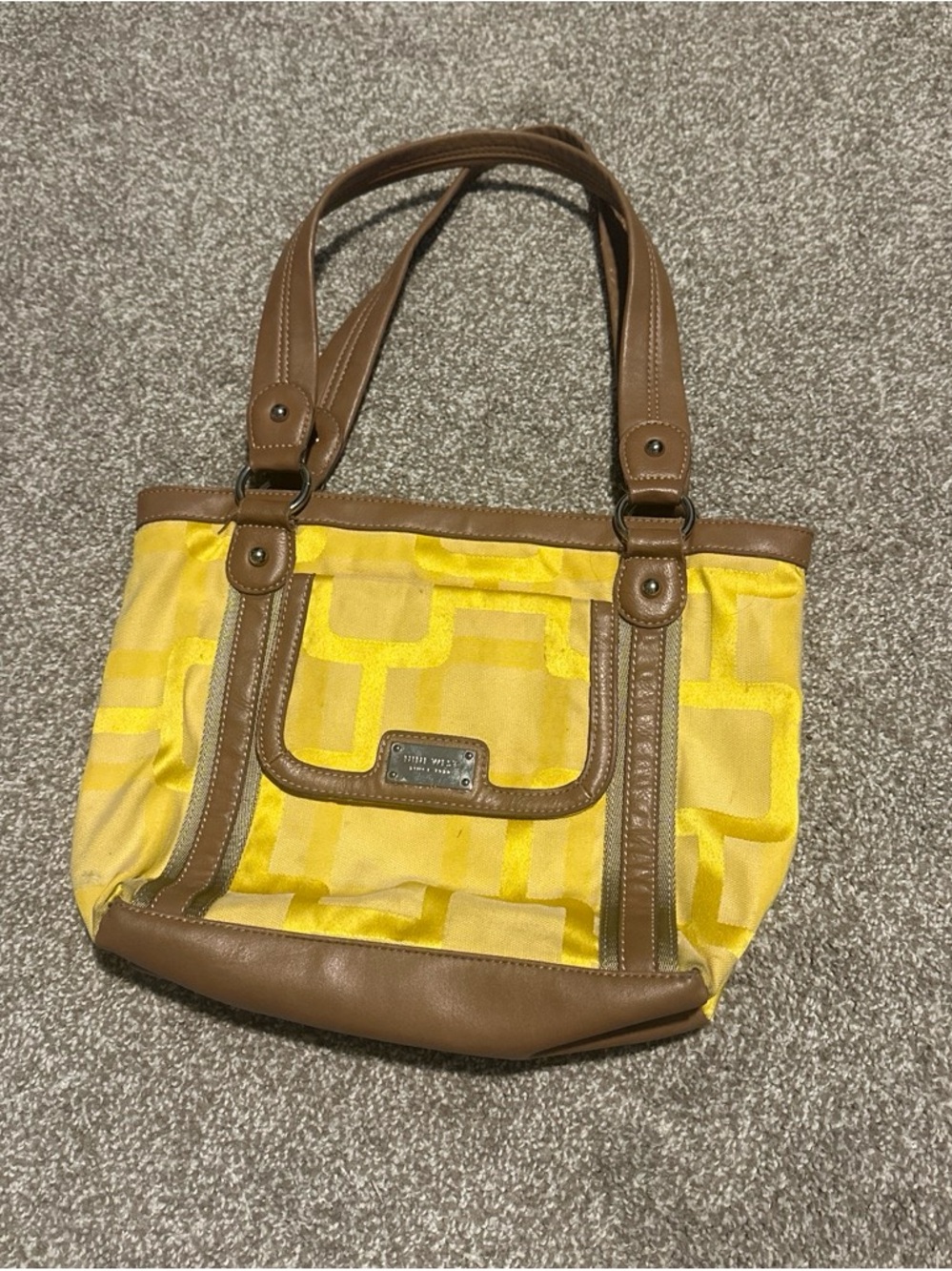 Nine West Yellow Geometric Tote with Brown Trim